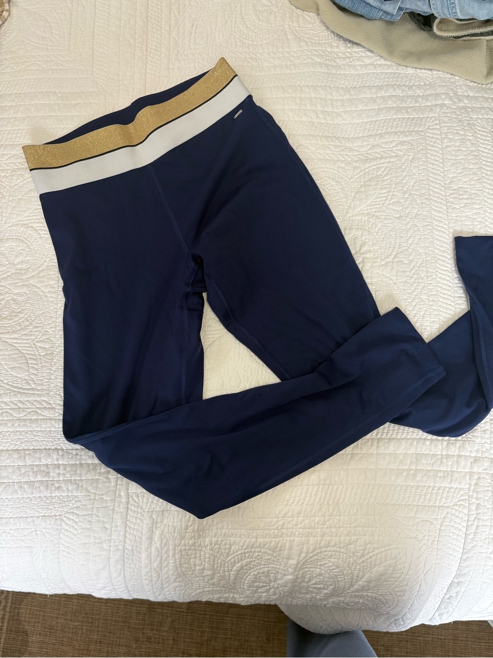 Pink Active Navy Leggings with Gold and White Waistband